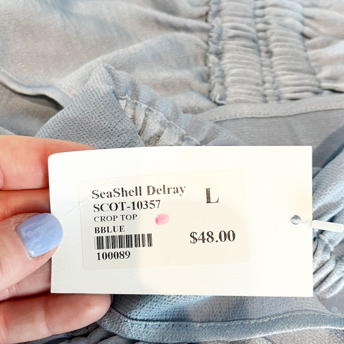 SeaShell Satin Cropped Peplum Ruffle Tank Top Blue Large