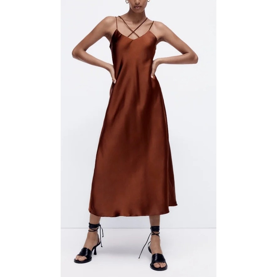 Zara Satin Sleeveless V-Neck Spaghetti Strappy Slip Midi Dress Dark Brown XS