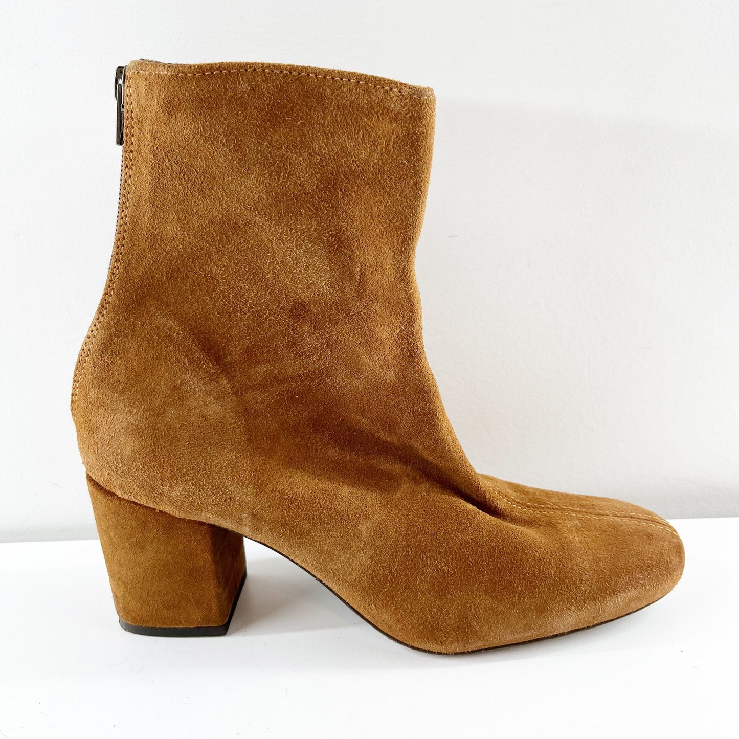 Free People Cecile Square Toe Block Heel Back Zip Suede Ankle Boots Brown 9.5