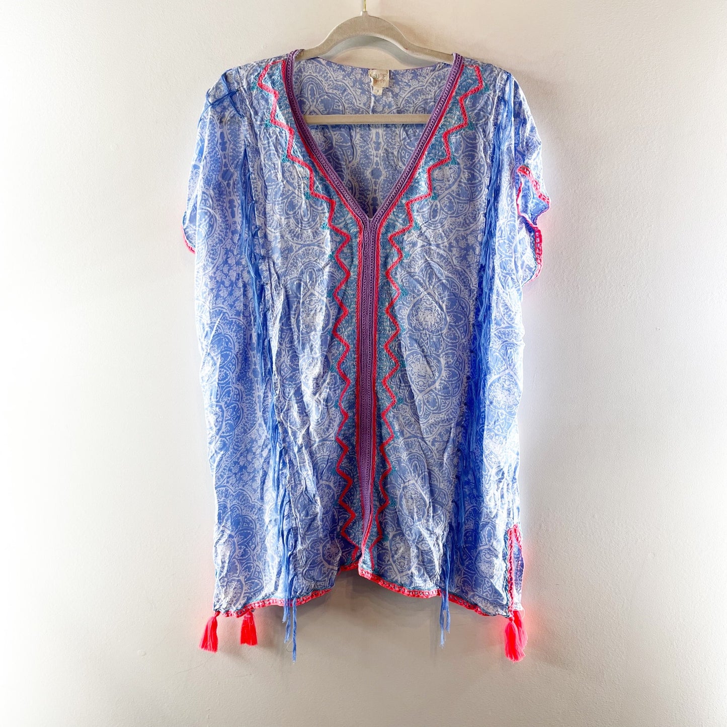 Surf Gypsy Floral Embroidered Short Sleeve Bohemian Tunic Cover-Up Dress Blue S