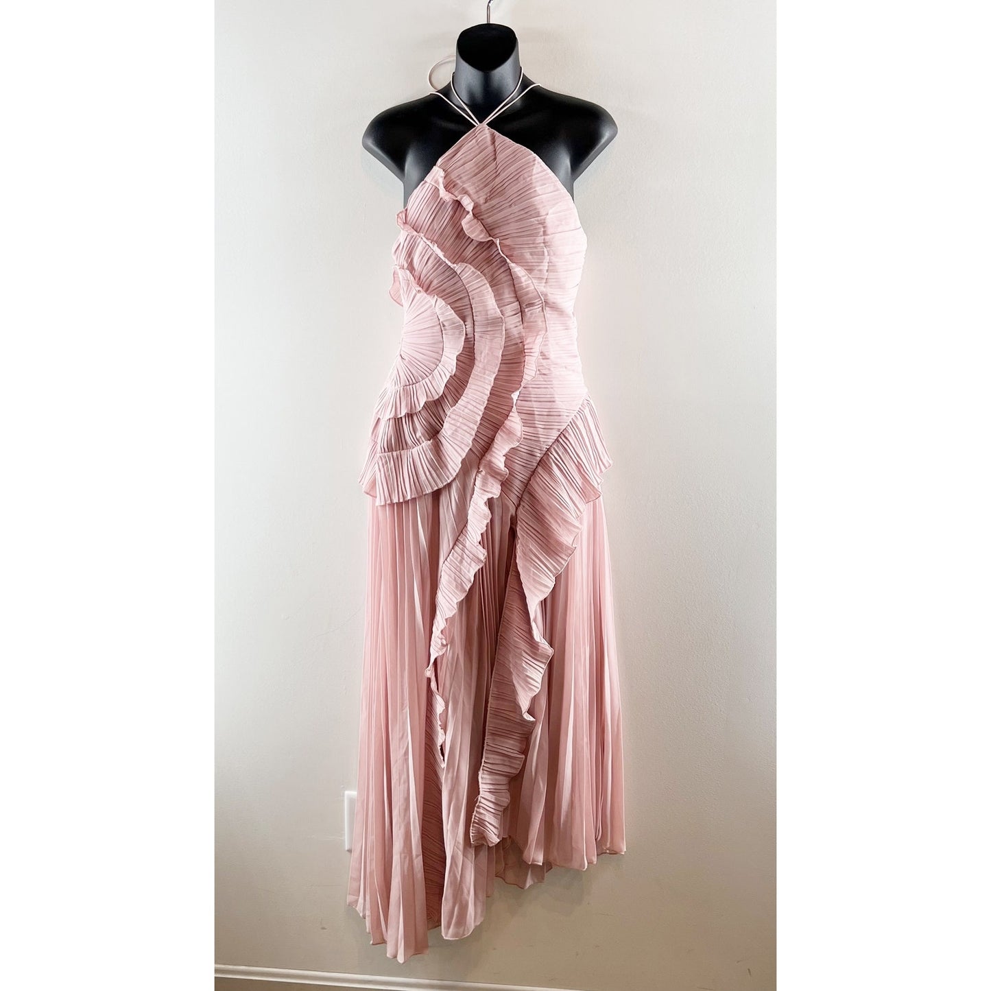Boutique High Neck Ruffled Pleated Halter Maxi Dress Gown Blush Pink Medium