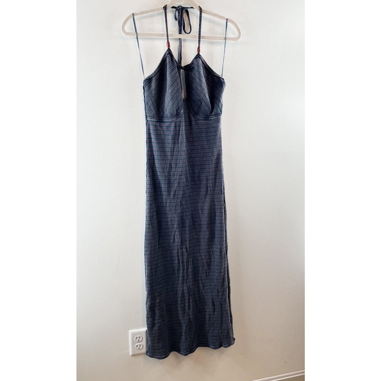 Free People Terra Halter Keyhole Ribbed Knit Slit Maxi Dress Navy Blue Medium