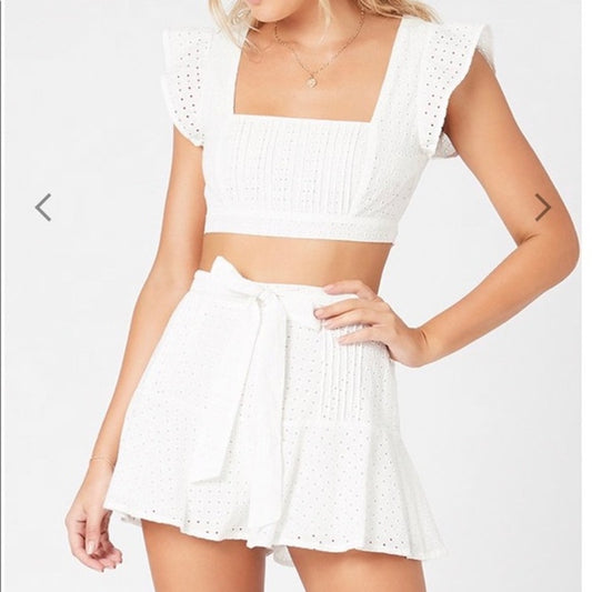 MINKPINK Celestial Eyelet Square Neck Crop Top & Flounce Short Set White M / L