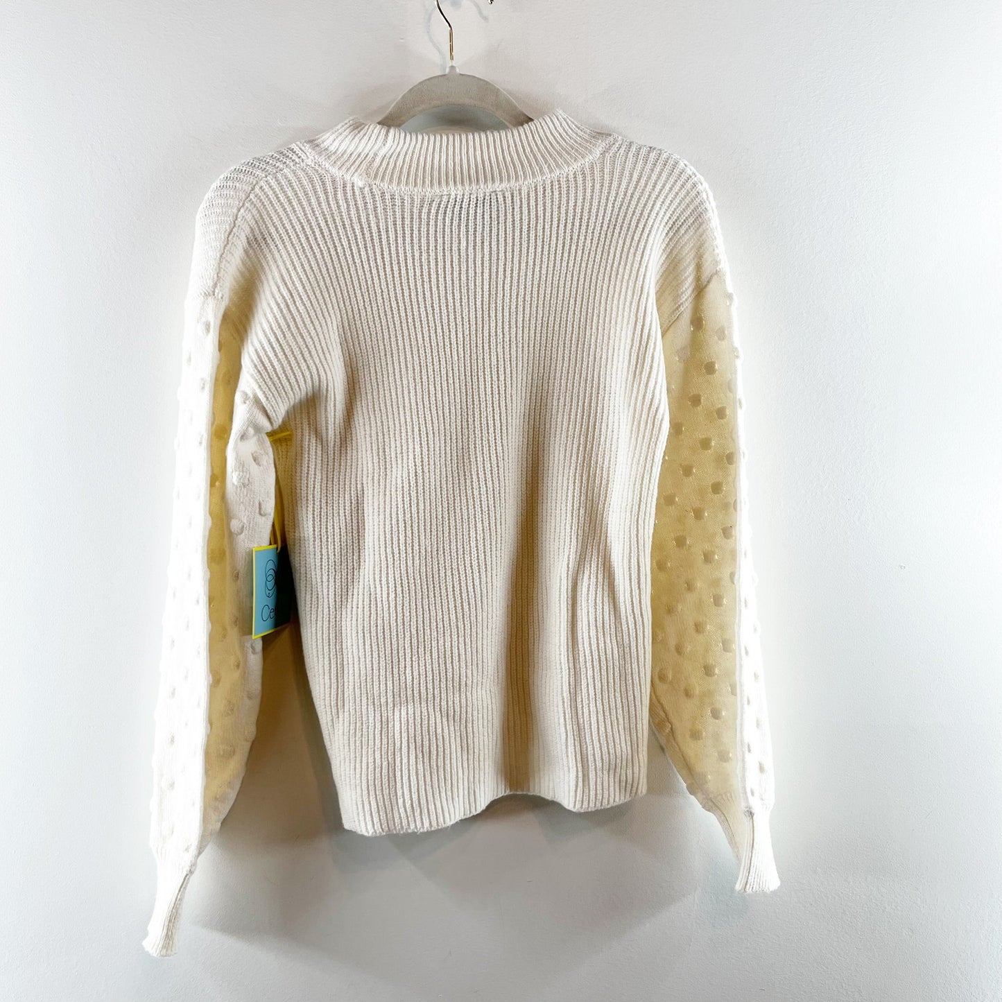 CeCe Puff Sleeve Bubble Ribbed Sweater in Antique White Small