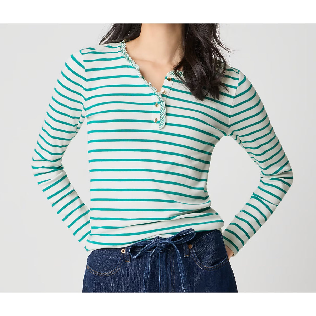 J. Crew Long Sleeve Striped Ruffleneck Henley Shirt Top Green White Small