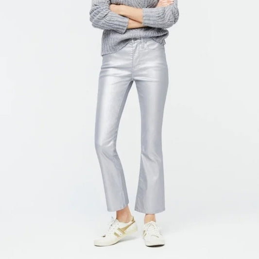 J. Crew Billie Demi Boot Cut Cropped Jeans in Metallic Silver 29 / 8