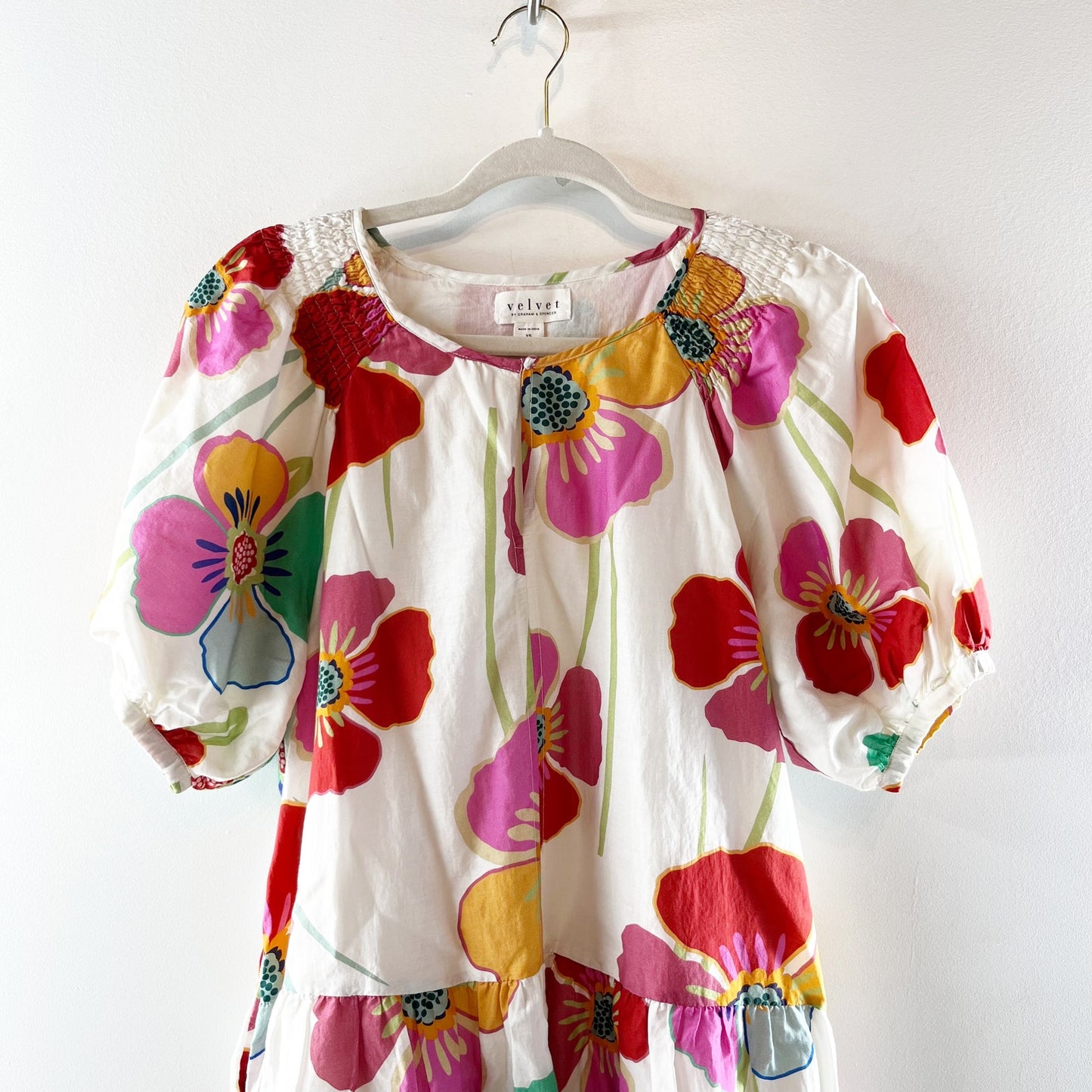 Velvet by Graham & Spencer Rachel Floral Puff Sleeve Mini Dress White Pink XS