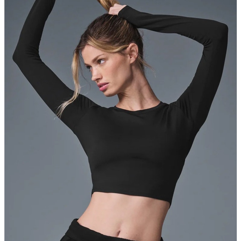Alo Alosoft Crop Finesse Long Sleeve Fitted T-Shirt Top Black Small