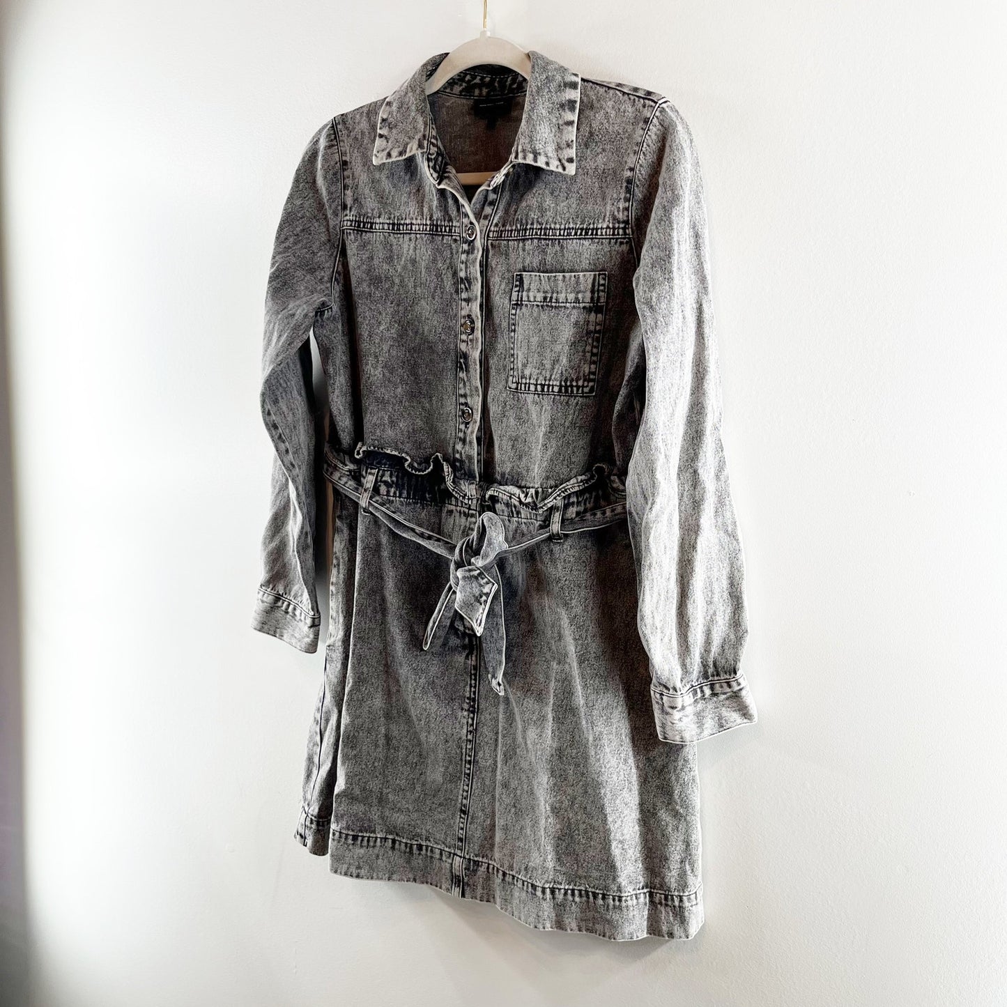 Who What Wear Belted Denim Long Sleeve Mini Dress Washed Gray Small