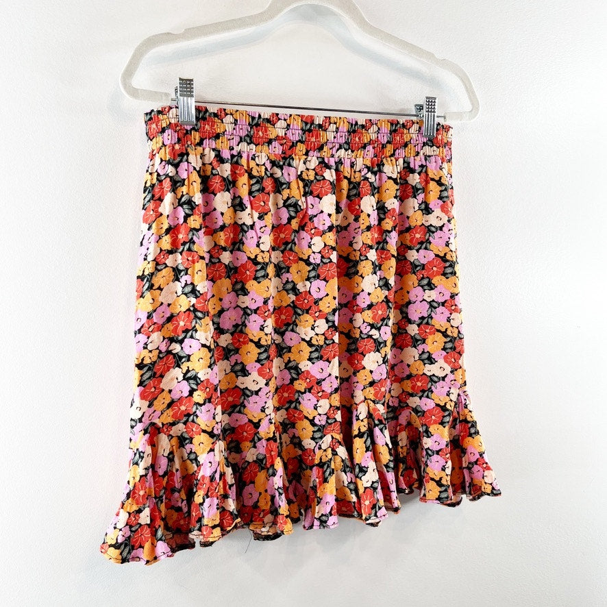 LOFT Pull On Floral Flounce Ruffle Hem Mini Skirt Pink White Yellow Large