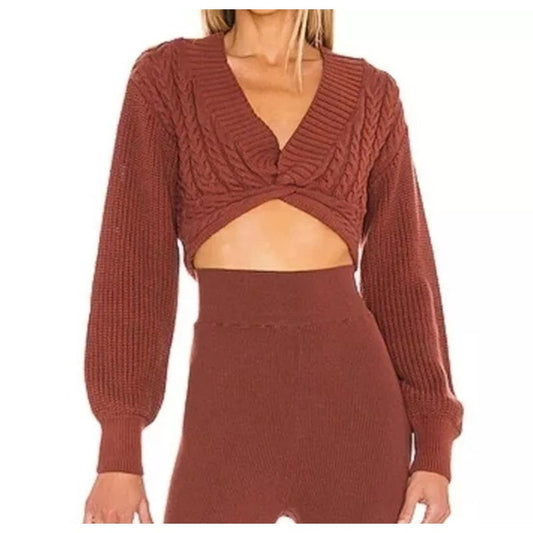 Free People Emilie Cropped Twist Front Cable Sweater Cherry Cola Red Medium