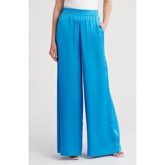 Show Me Your Mumu High Rise Wide Leg Satin Irwin Pants Blue Large