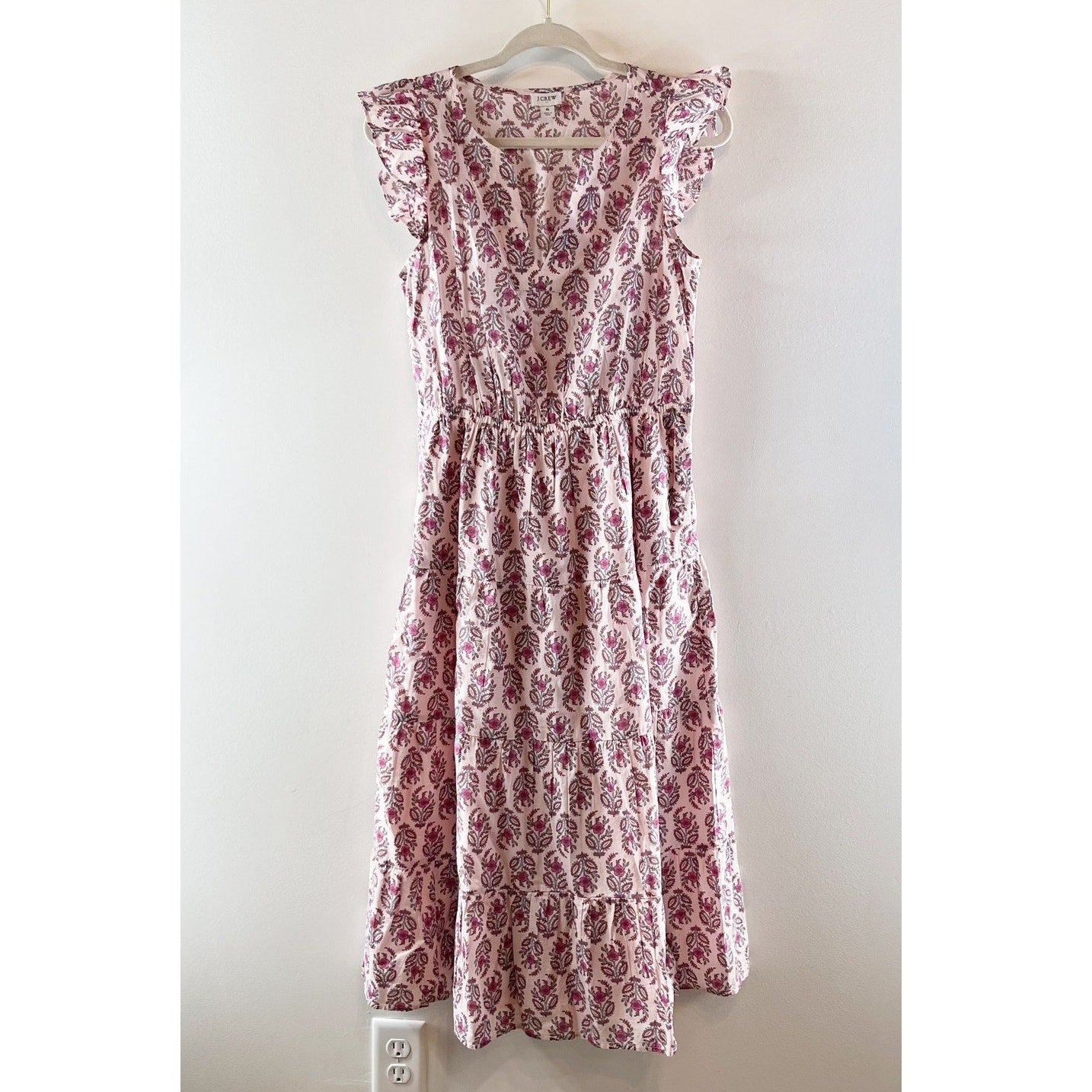 J. Crew Printed Ruffle Sleeve Cotton Midi Dress with Pockets Pink 6