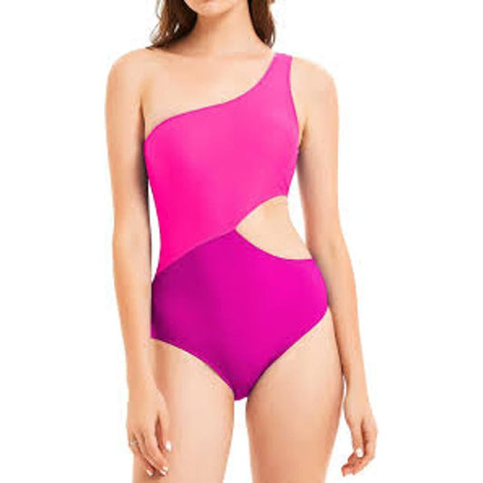 One Shoulder One Piece Bathing Swimsuit Cutout Pink Purple Large