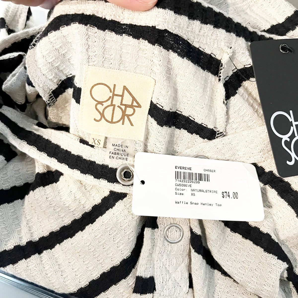 Chaser Waffle Snap Henley Tee Natural Stripe Cream Black XS