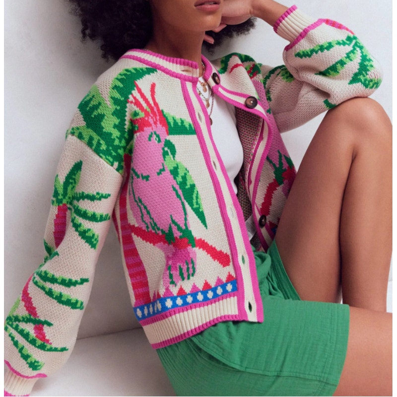 Boden Abi Jacquard Long Sleeve Cardigan Sweater Warm Ivory Palm Tree Birds XS