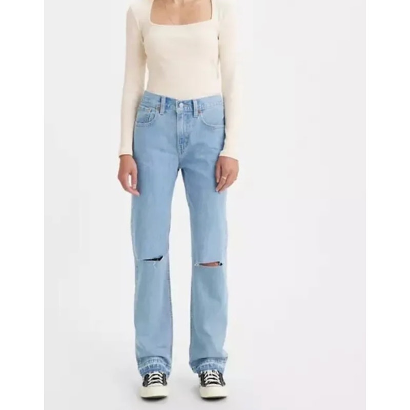 Levi's Low Pro Straight Leg Ripped Knees Released Raw Hem Jeans Blue 24