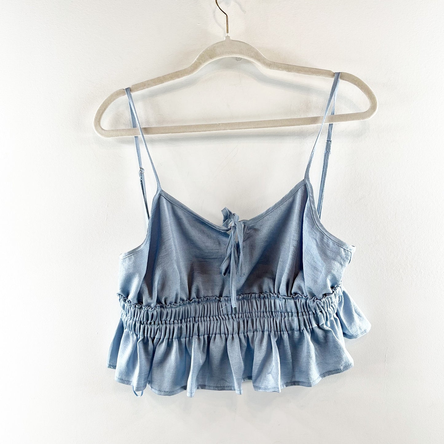 SeaShell Satin Cropped Peplum Ruffle Tank Top Blue Large