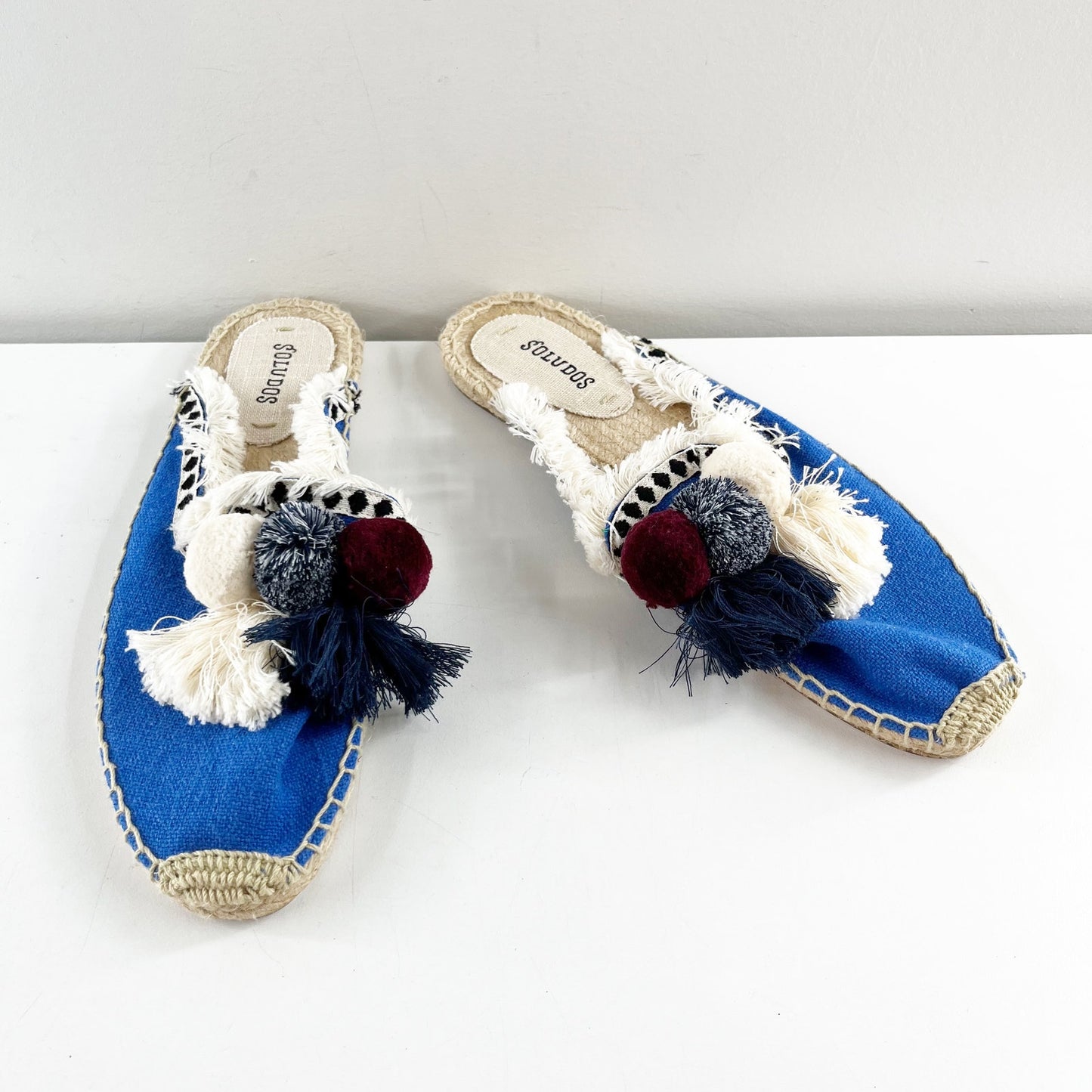 Soludos Coco Pom Pom Espadrille Mule Flats Blue White 8.5