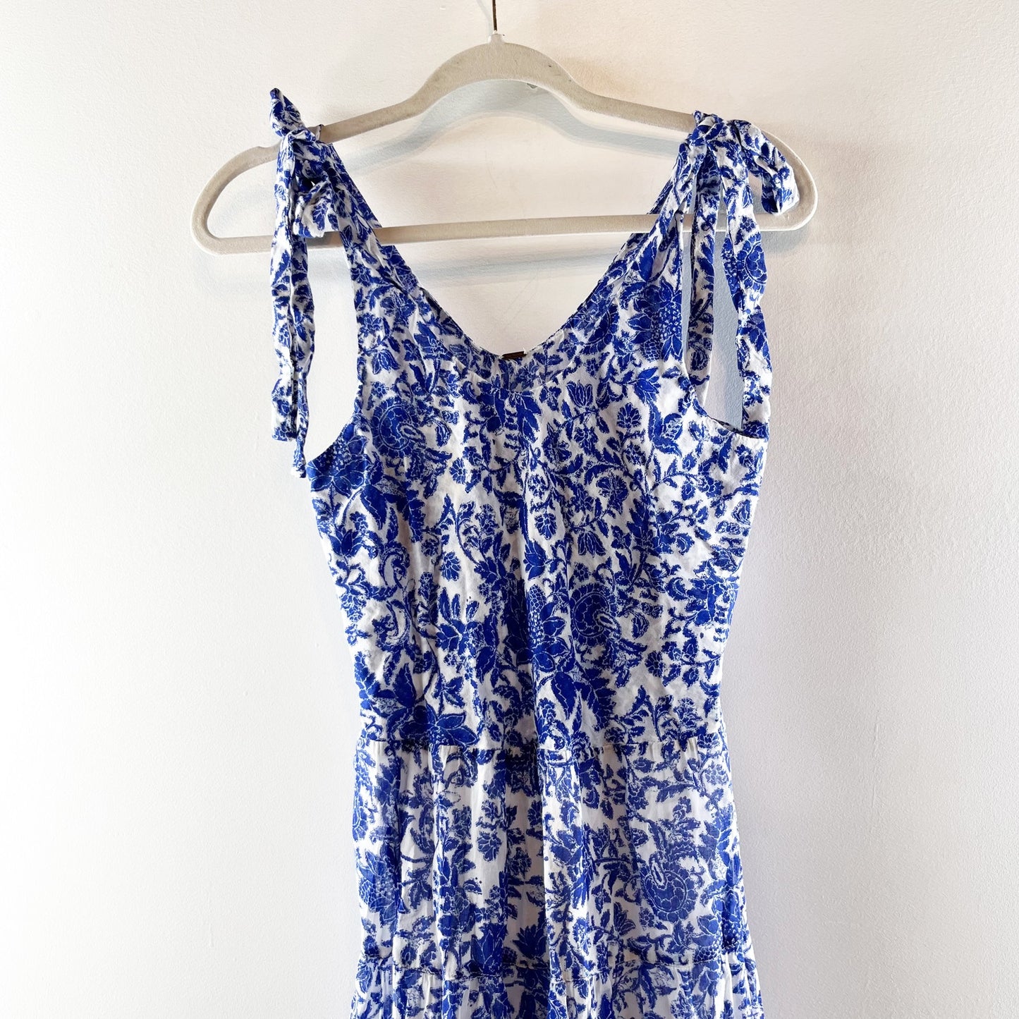 Free People Kikas Tie Shoulder V Neck Flowy Cotton Maxi Dress Blue Small