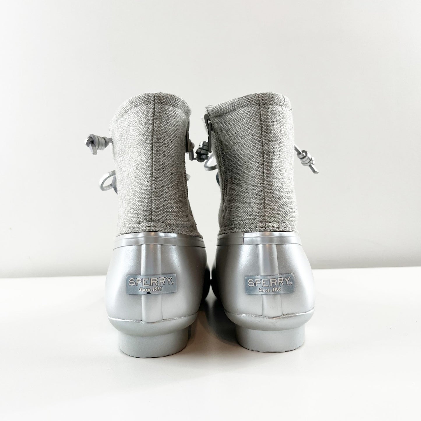 Sperry Saltwater Lace Up Rubber Duck Rain Boots Booties Gray Silver 5