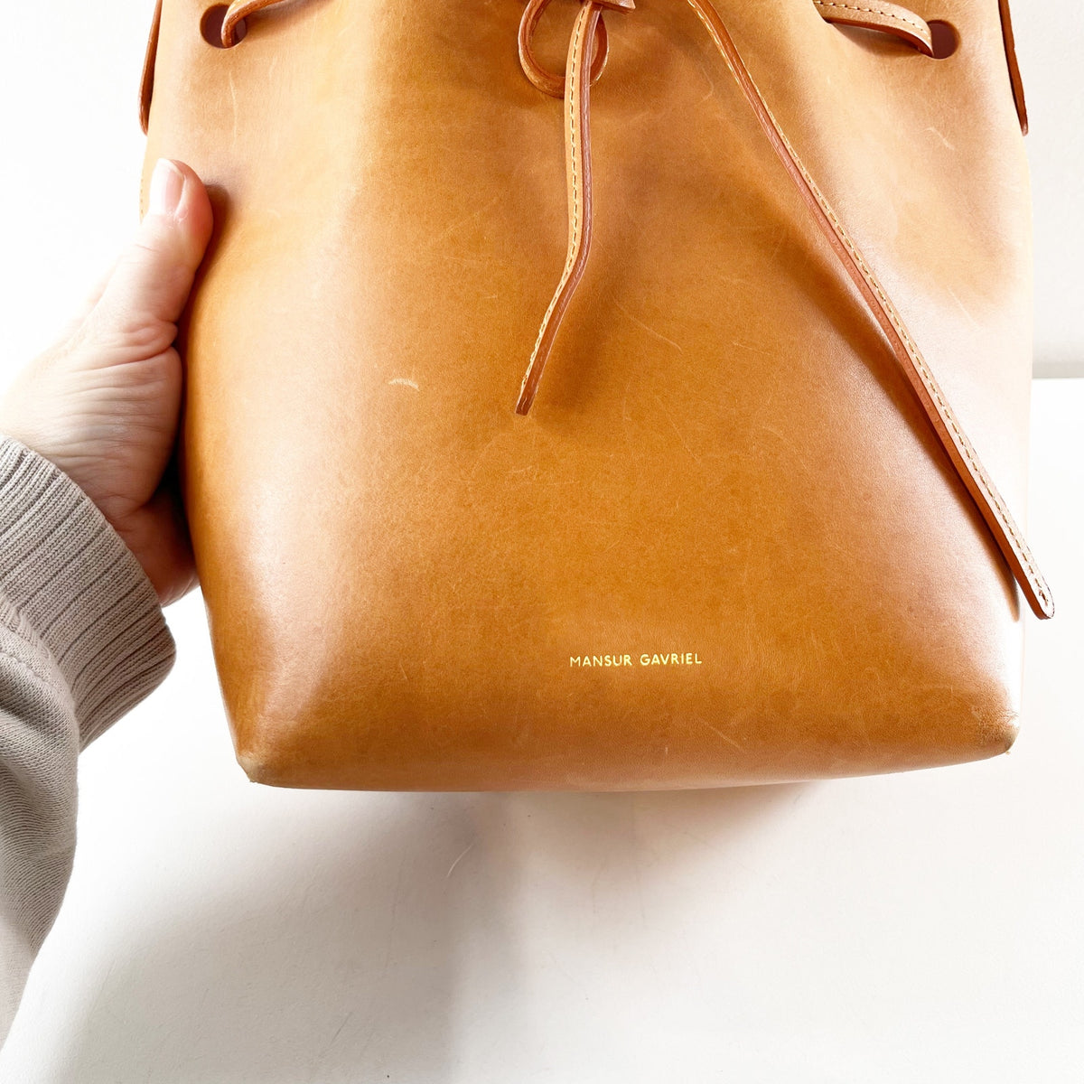 Mansur Gavriel Leather Crossbody Bucket Bag Purse Cognac Brown Tan