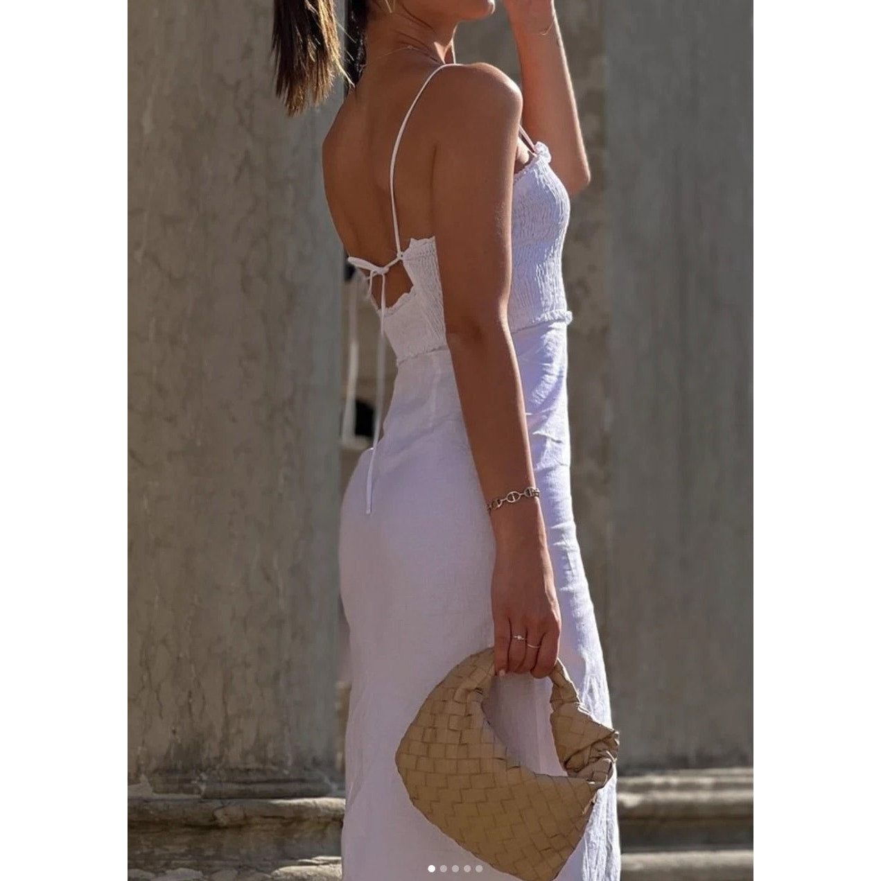 ZARA Smocked Linen Blend Slit Midi Dress White XS