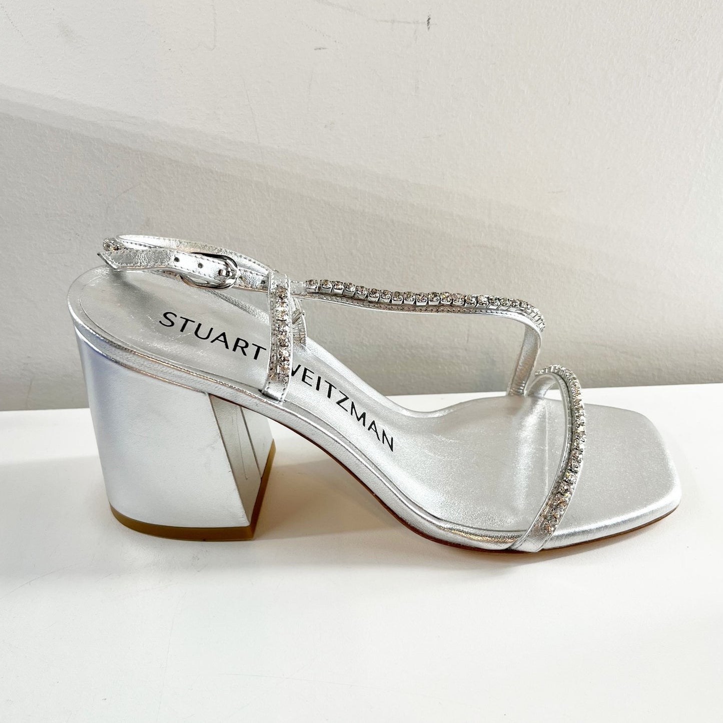 Stuart Weitzman Soiree Crystal Rhinestone Square Toe Block Heel Sandals Silver