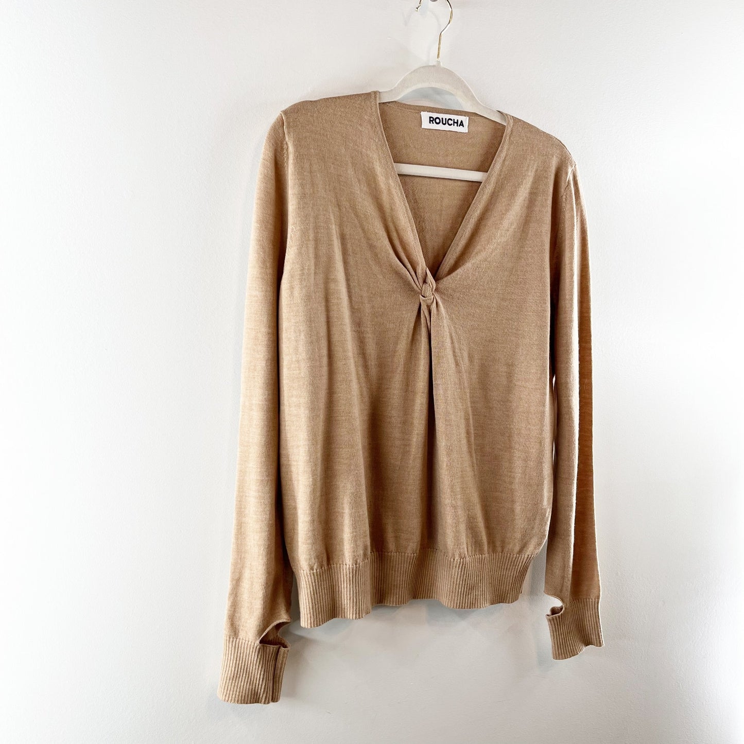 Roucha Tnot Twist Front Long Sleeve Wool Sweater Tan Melange Brown Large / C