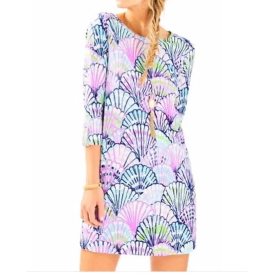 Lilly Pulitzer Oh Shello 3/4 Sleeve Seashell Mini T-Shirt Dress Pink Blue Large