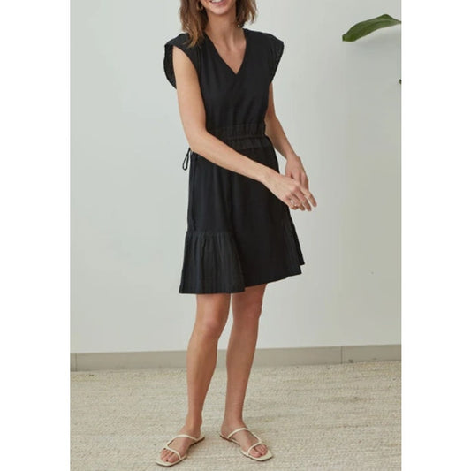 Grey State Apparel Lili Tiered Cap Sleeve Tie Waist A-Line Mini Dress Black 0