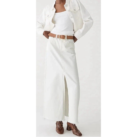 J. Crew High Waisted Denim Raw Hem Front Slit Pencil Maxi Skirt White 27