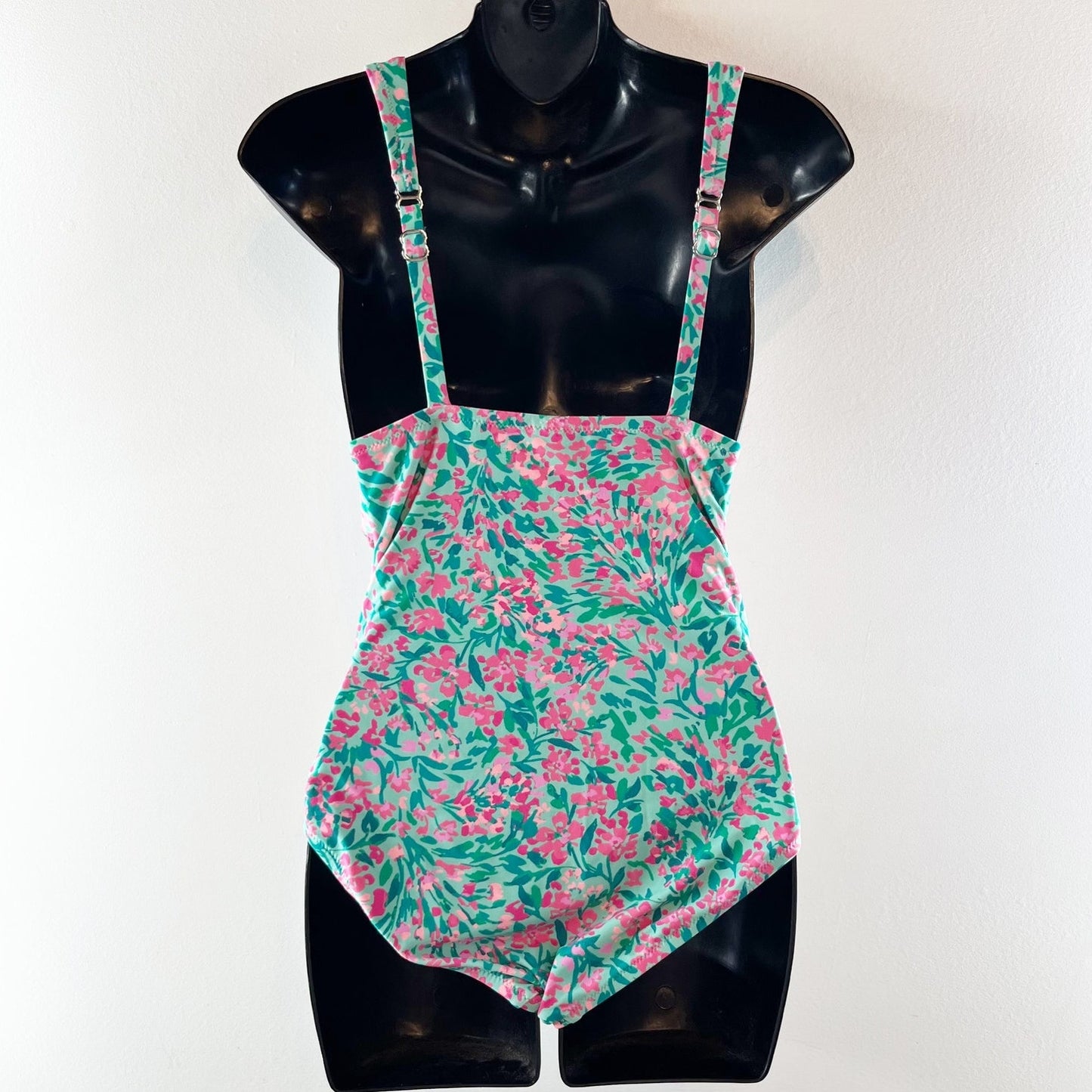 J. Crew Ruched Plunge One Piece Swimsuit Green Pink Floral Print Small