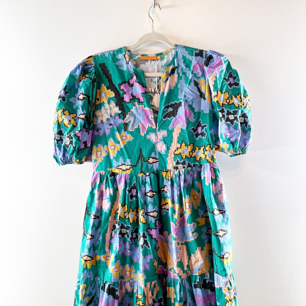 Oliphant 100% Cotton Puff Sleeve V-Neck Tiered Maxi Dress Bukhara Green XS