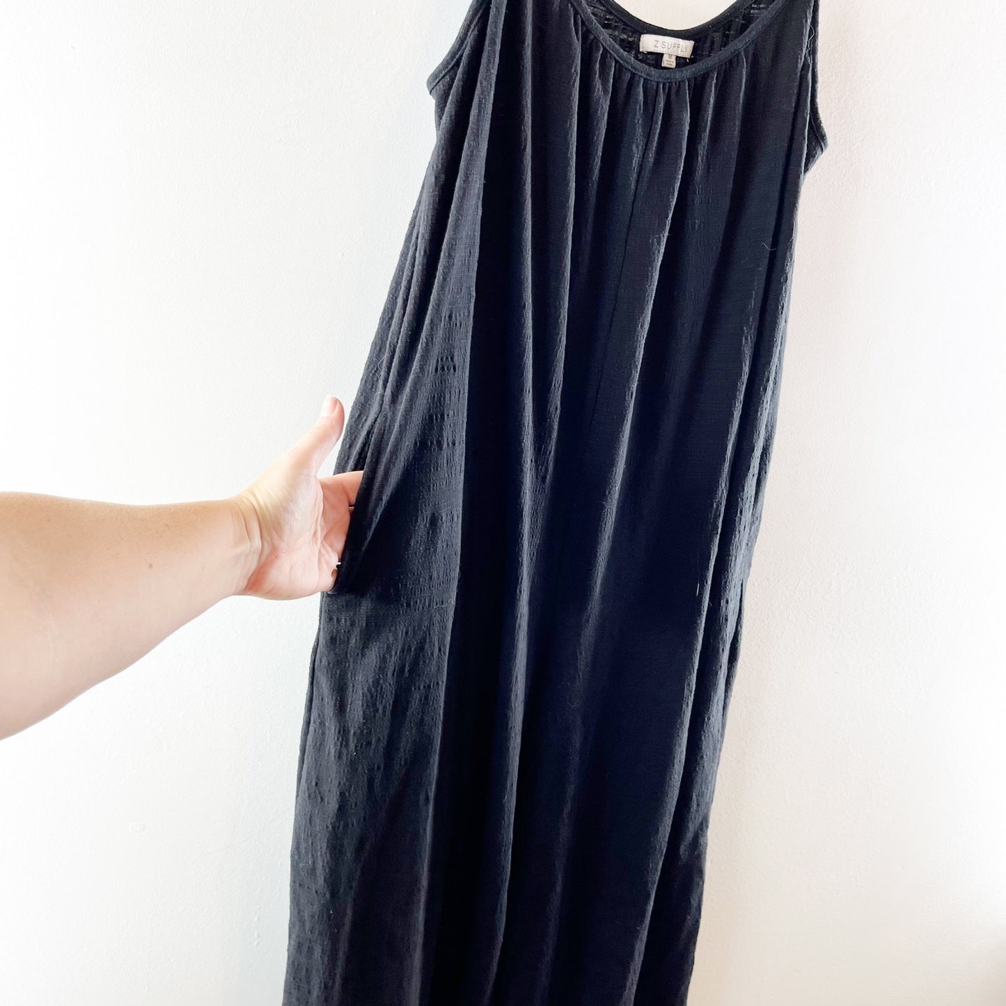 Z Supply Textured Flared Wide Leg Cropped Waistless Jumpsuit Black Medium