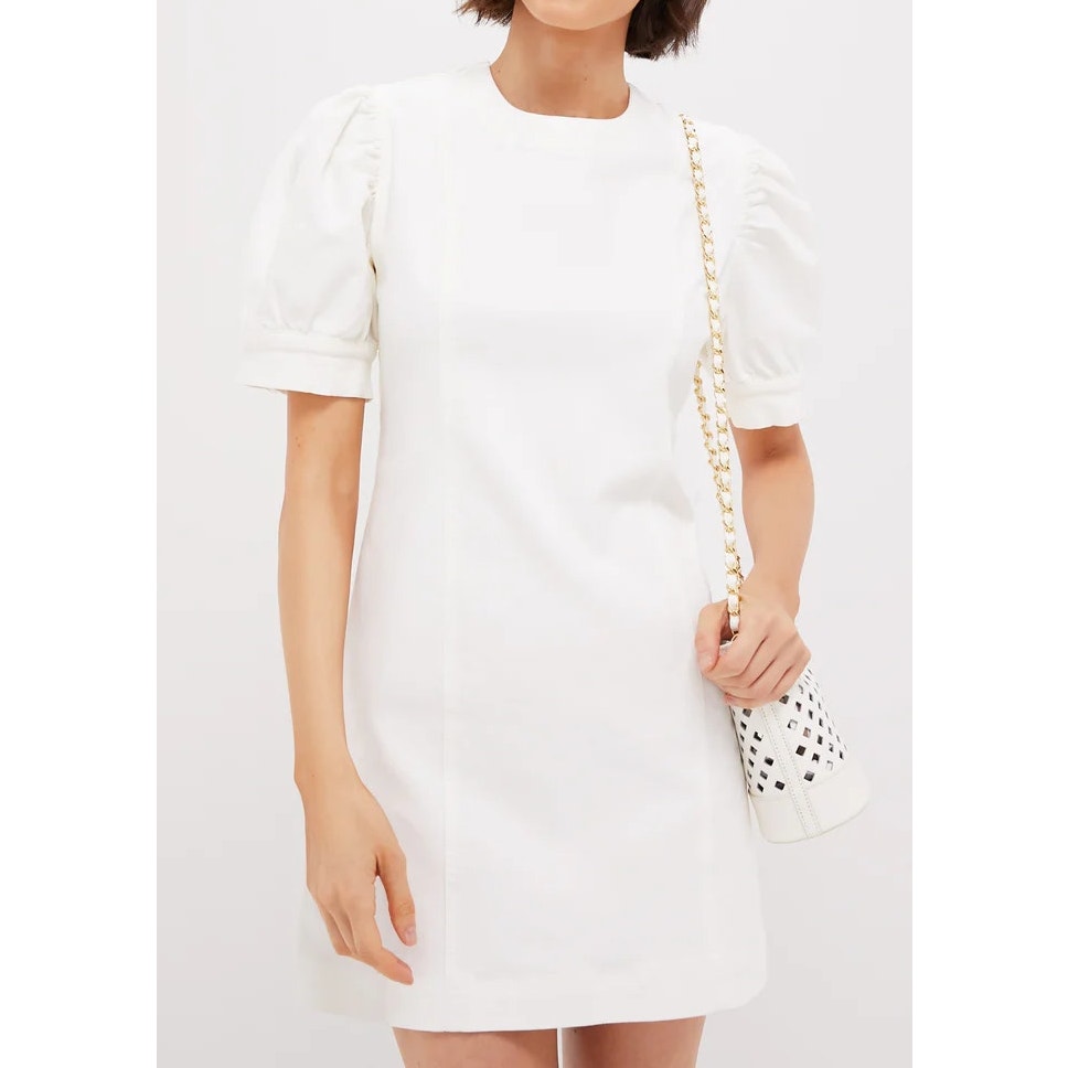 Hyacinth House Stretch Denim Puff Sleeve Juniper Mini Shift Dress White Medium