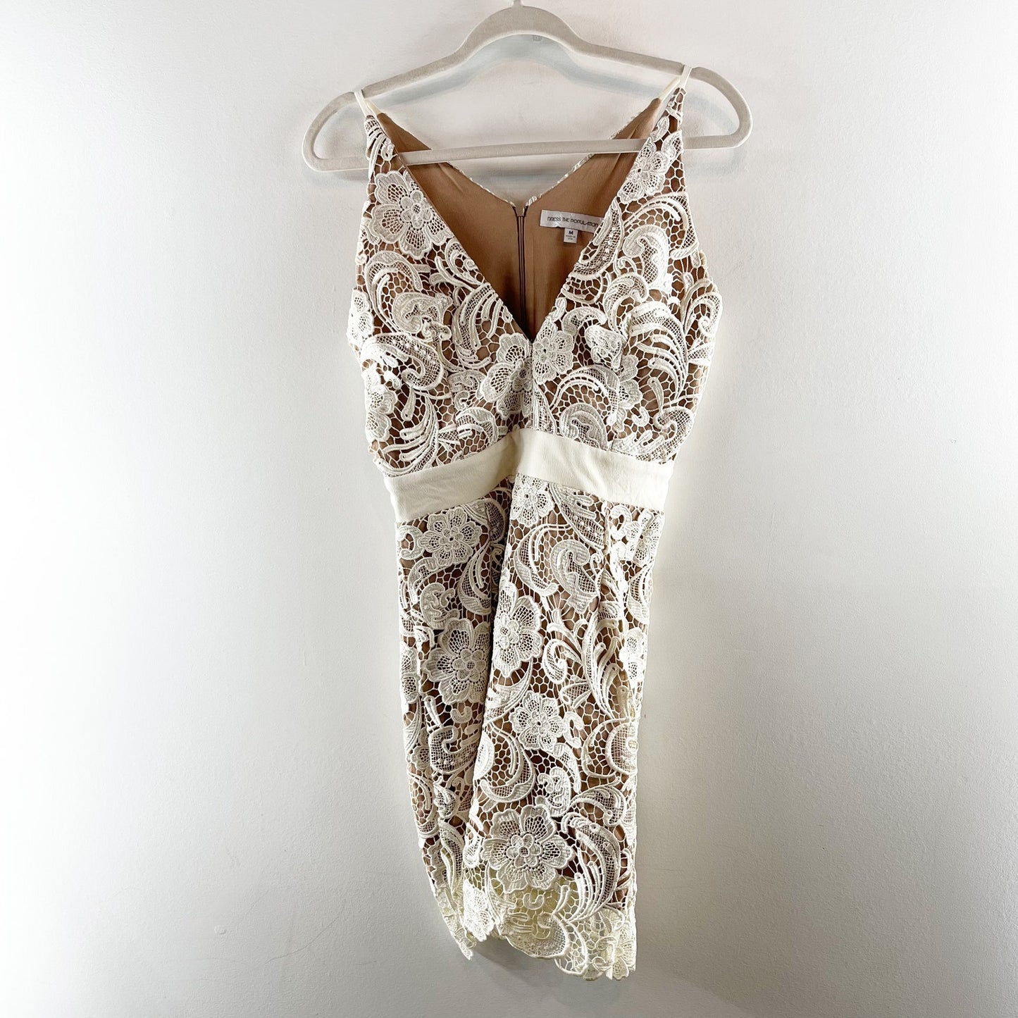 Dress The Population Ava V Neck Lace Lined Mini Dress Ivory Medium