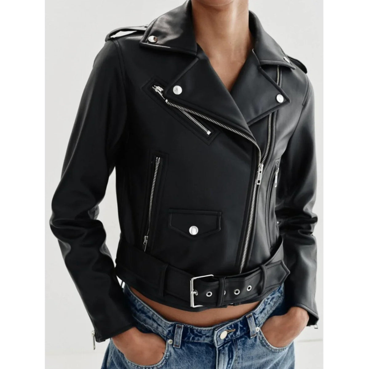 ZARA Faux Leather Moto Biker Jacket Black Medium
