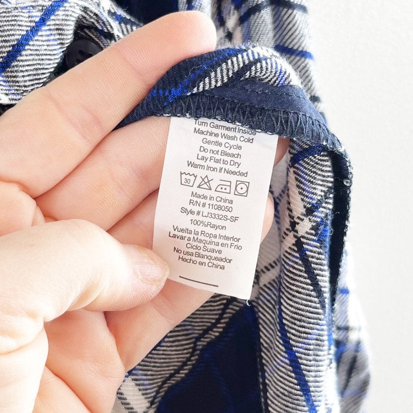 Laju Button Down Long Sleeve Plaid Flannel Shirt Top Blouse Blue Small