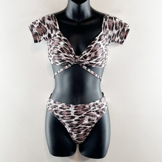Short Sleeve Two Piece Bikini Swimsuit Leopard Print Black Brown Small