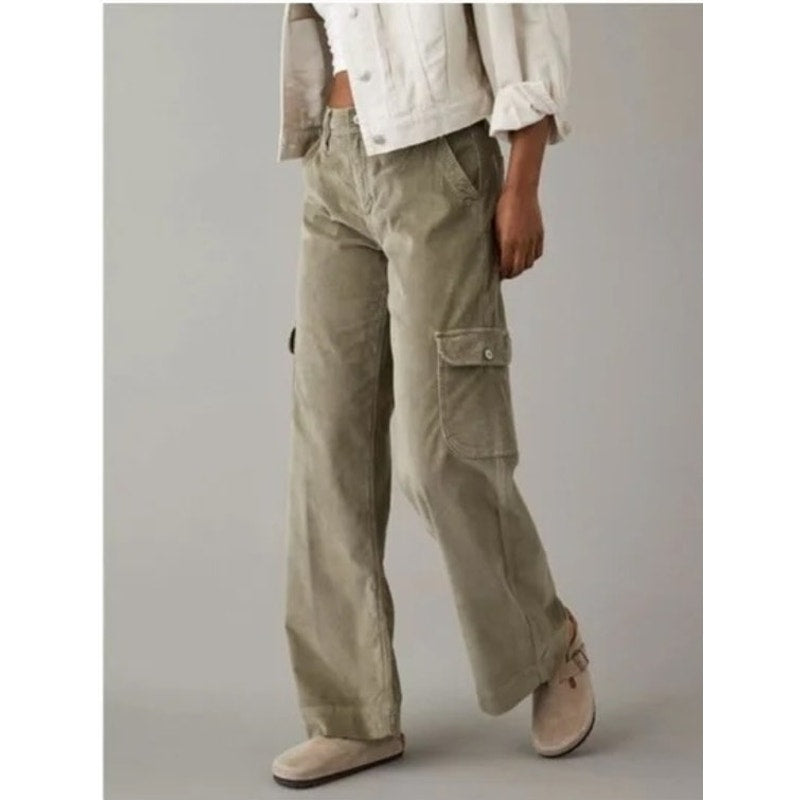 American Eagle Super High Rise Baggy Wide Leg Corduroy Cargo Pants Green 16