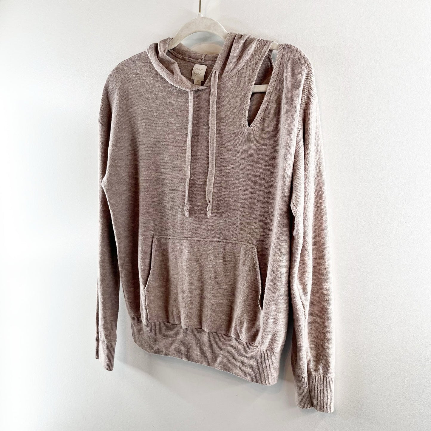 Roan + Ryan Corinne Shoulder Cut Out Hoodie Sweater Sweatshirt Tan Beige XS