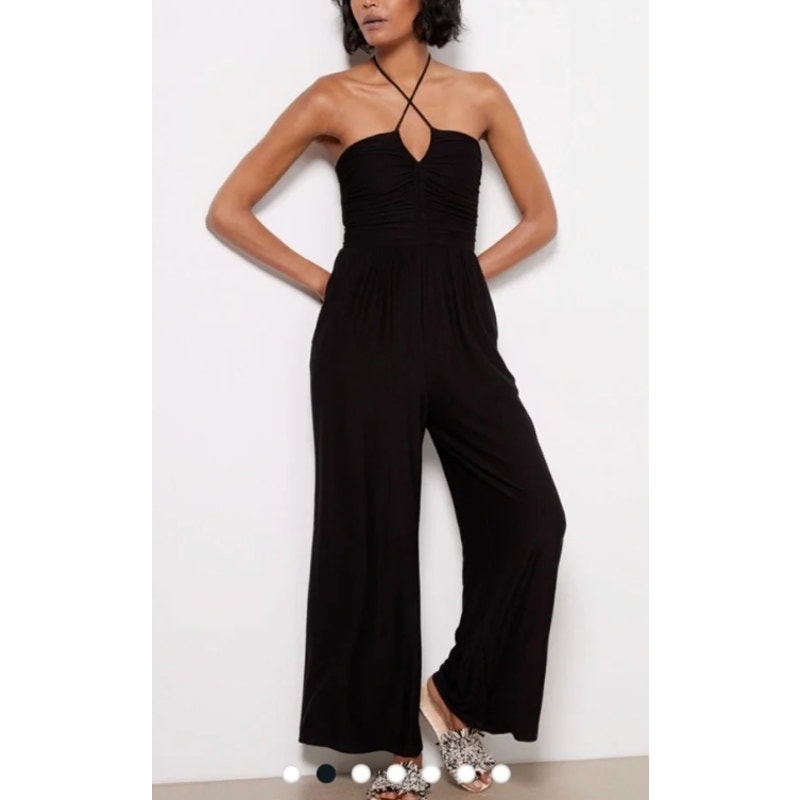 Evereve Noa Jersey Ruched Halter Wide Leg Jumpsuit Black Medium