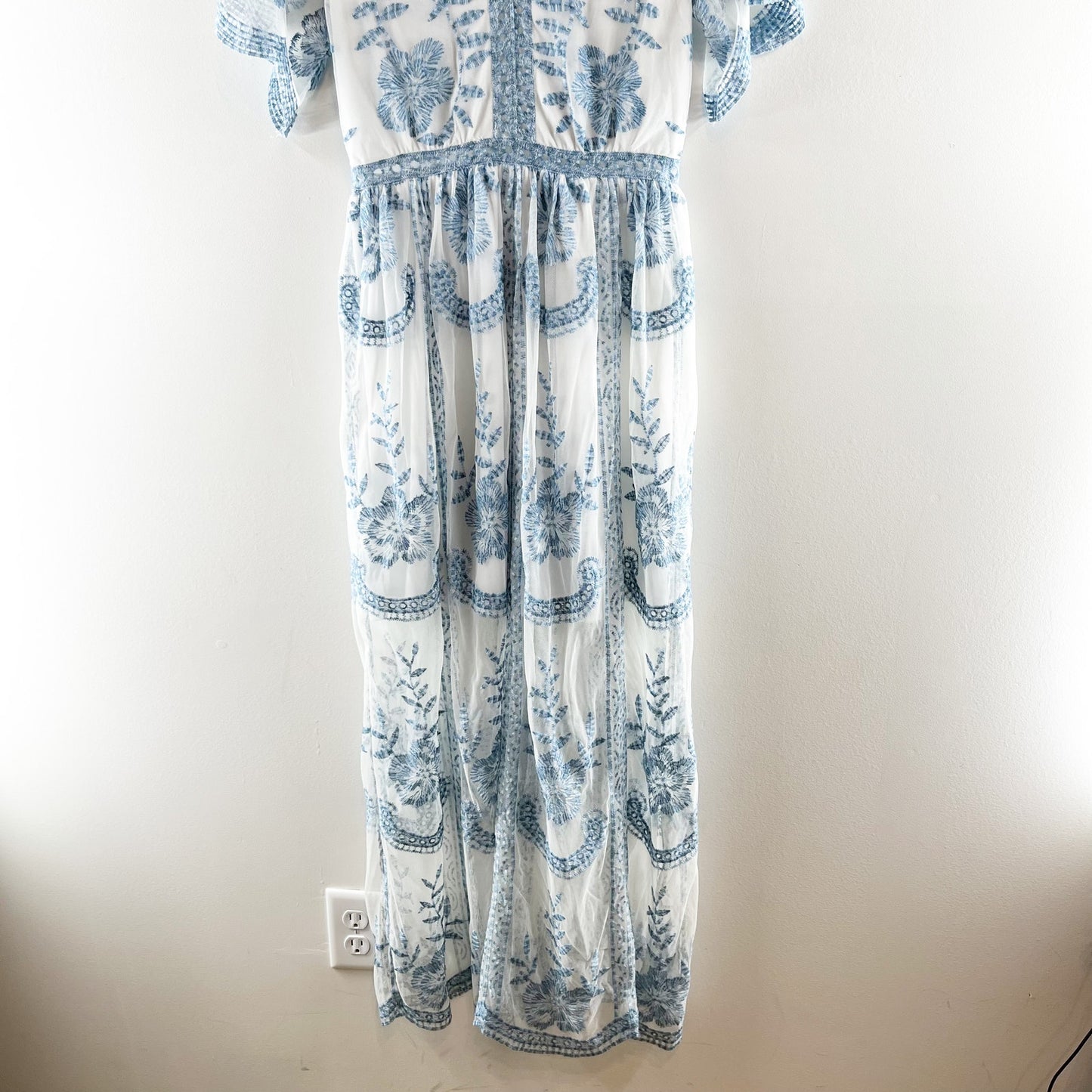 Altar'd State Short Sleeve Embroidered Sheer Boho Lace Catania Maxi Dress Blue S