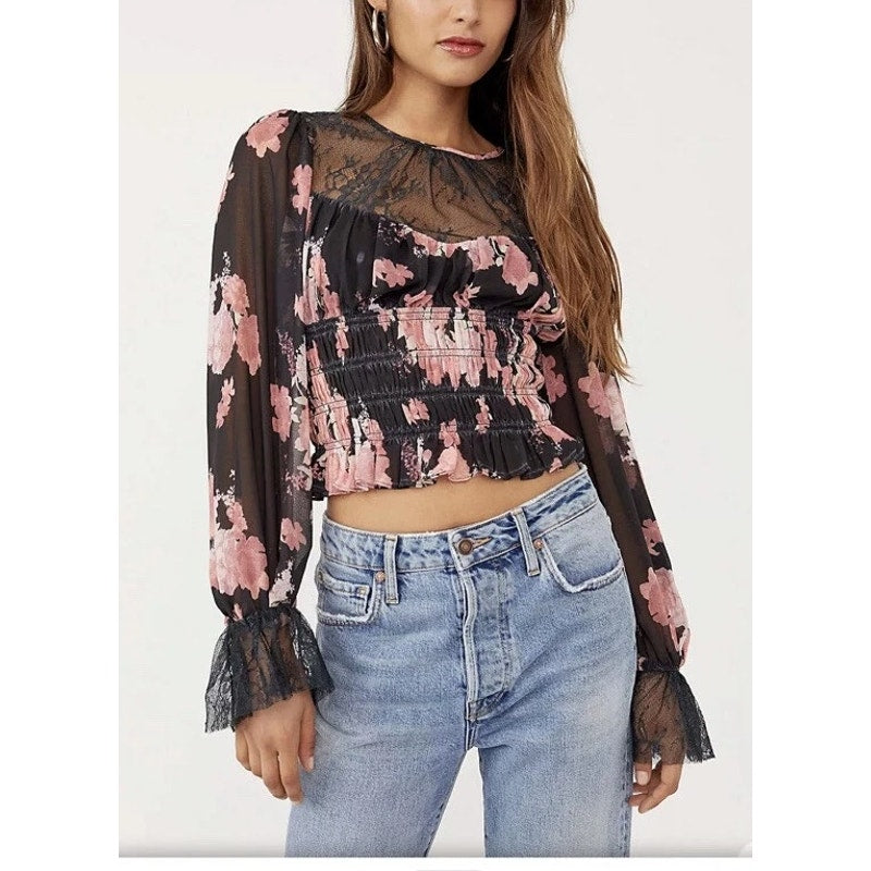 Free People Daphne Floral Long Sleeve Blouse Pink Black Medium