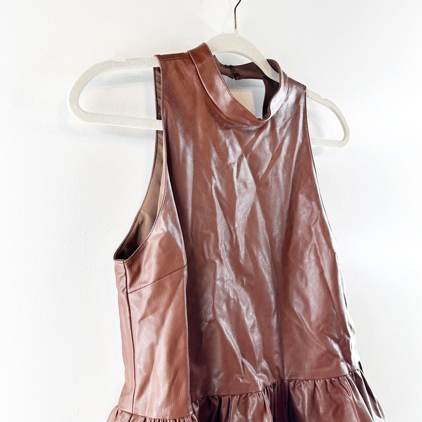 Amanda Uprichard Faux Leather Anders Peplum Ruffle Tank Top Brown Small