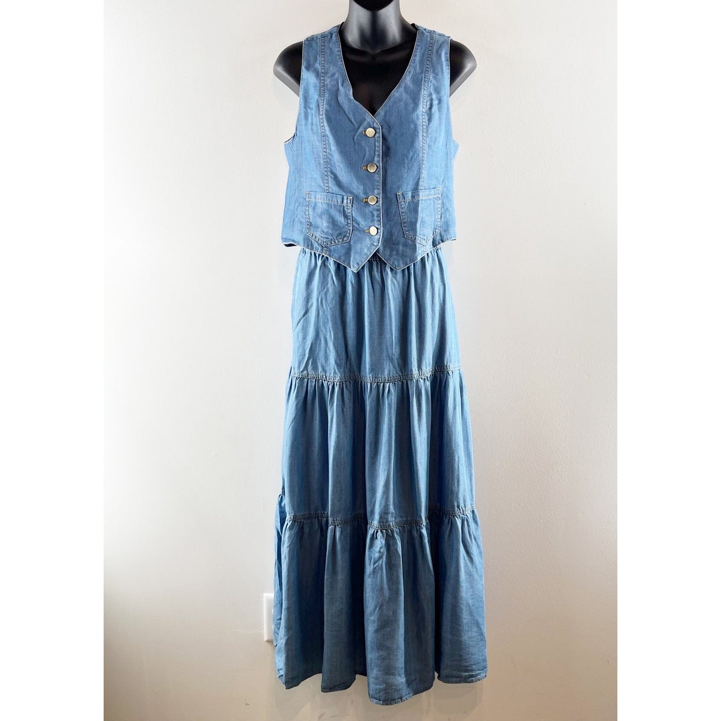 Sigrid Olsen Denim Button Front Vest & Tiered Maxi Skirt Set Blue Medium