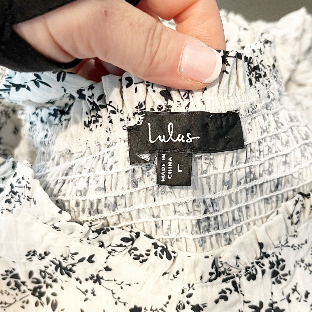 Lulus Sweetest Direction Floral Puff Sleeve Top Ivory Black Large