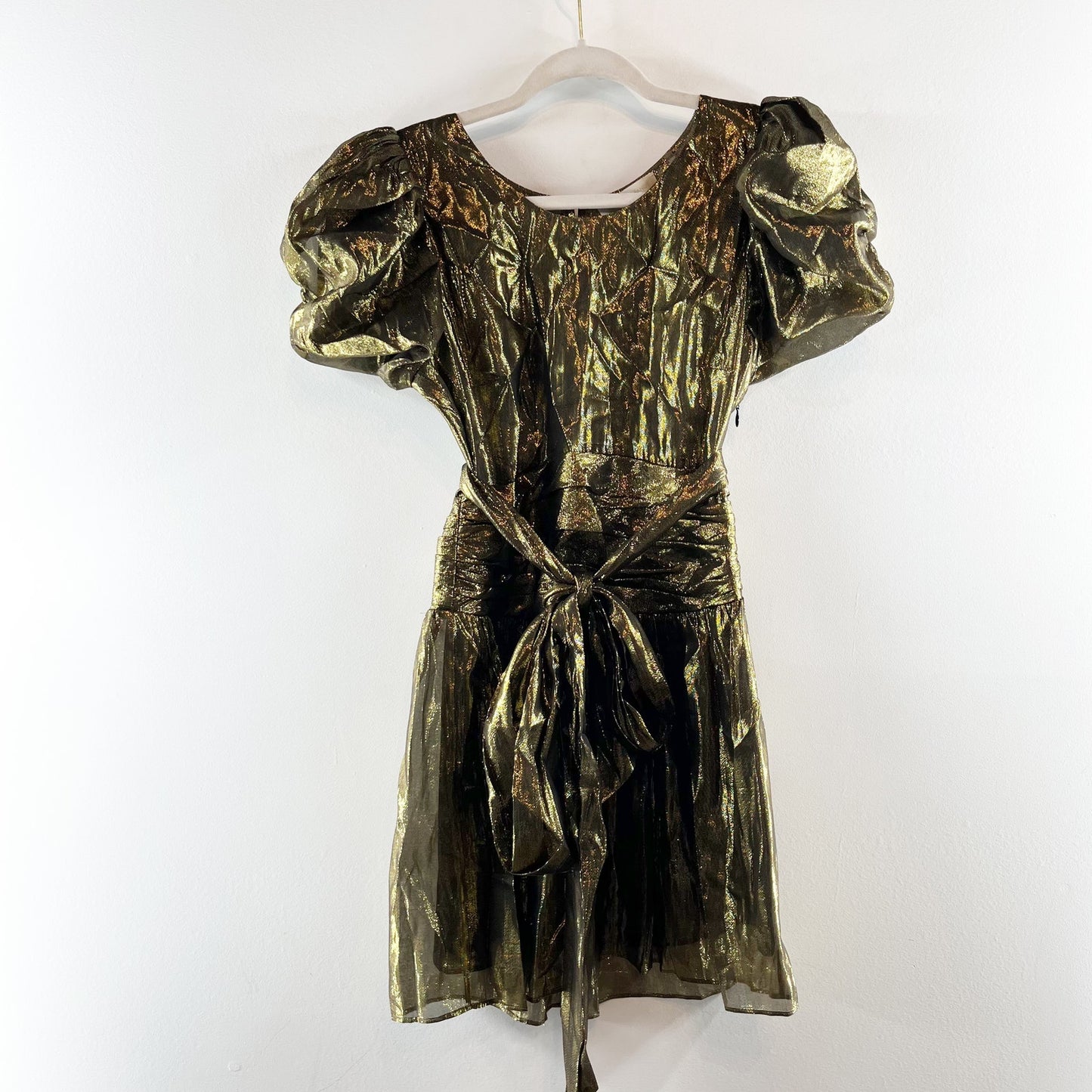 Loveshackfancy Mercy Short Puff Sleeve Metallic Tie Waist Mini Dress Gold 4