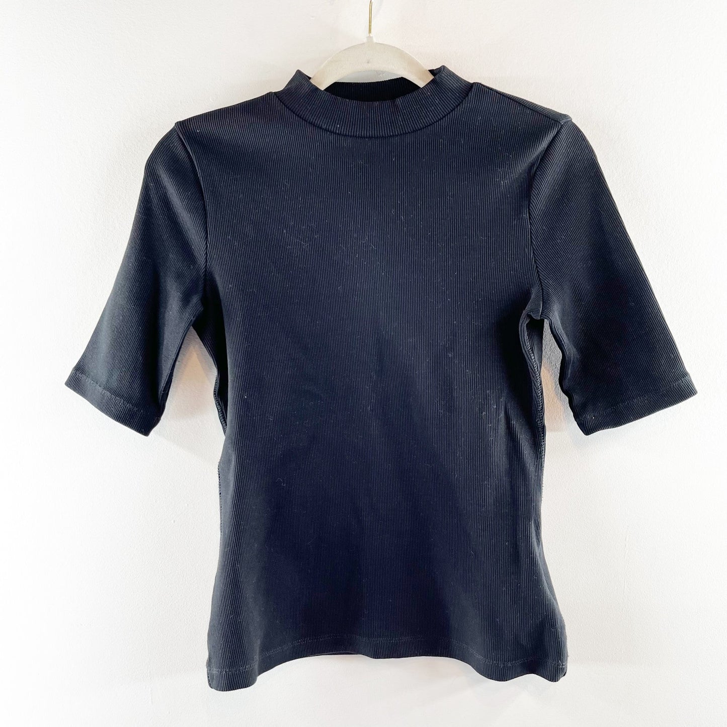 Maeve Anthropologie Ribbed Mock Neck Elbow Length Sleeve Top Black XS